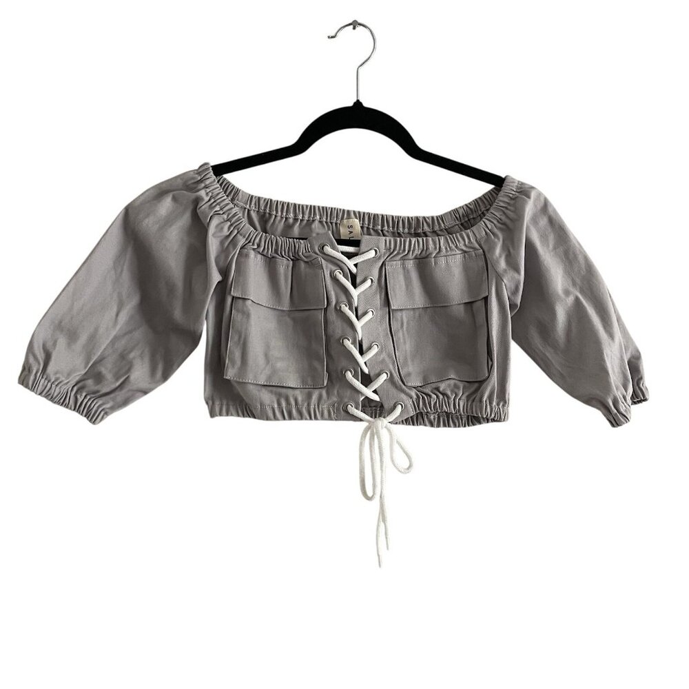 Salty By Andie Y Women S Gray Casual Utility Lace Up Off The Shoulder Crop Top